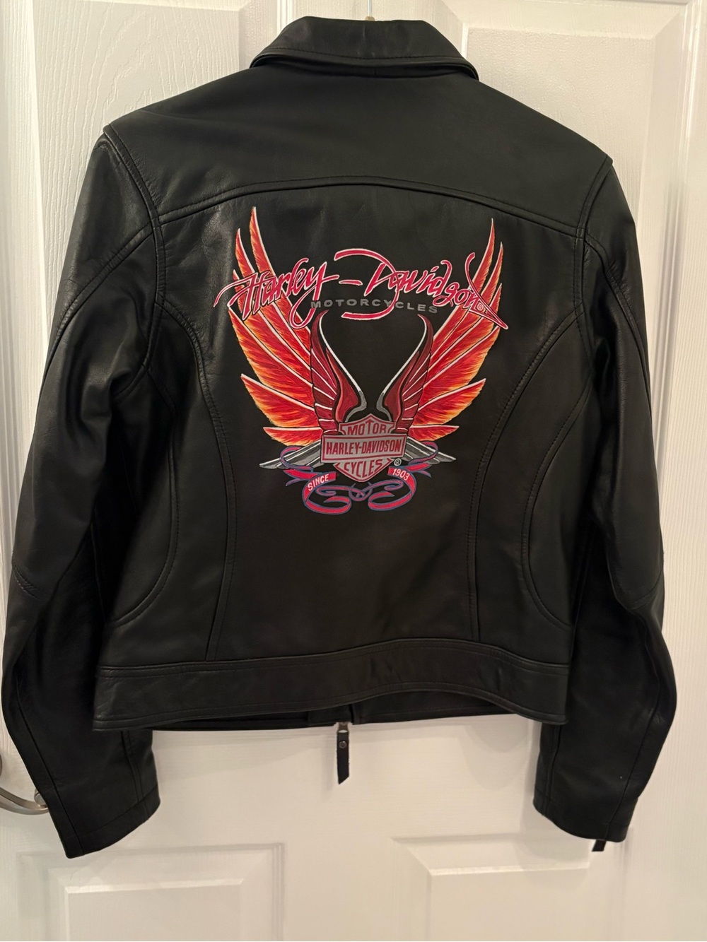 Harley-Davidson Women's Black Leather Jacket with Hand-Painted Wing Graphic